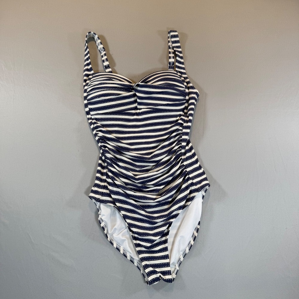 Niptuck Swim Navy White Striped Ruched‎ One Piece Swimsuit US 4 Classic Nautical